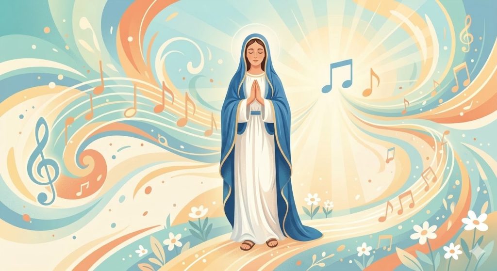 Magnificat (Cantique de Marie) - une jeune femme chantant de joie les bras levés entourée de notes de musique lumineuses